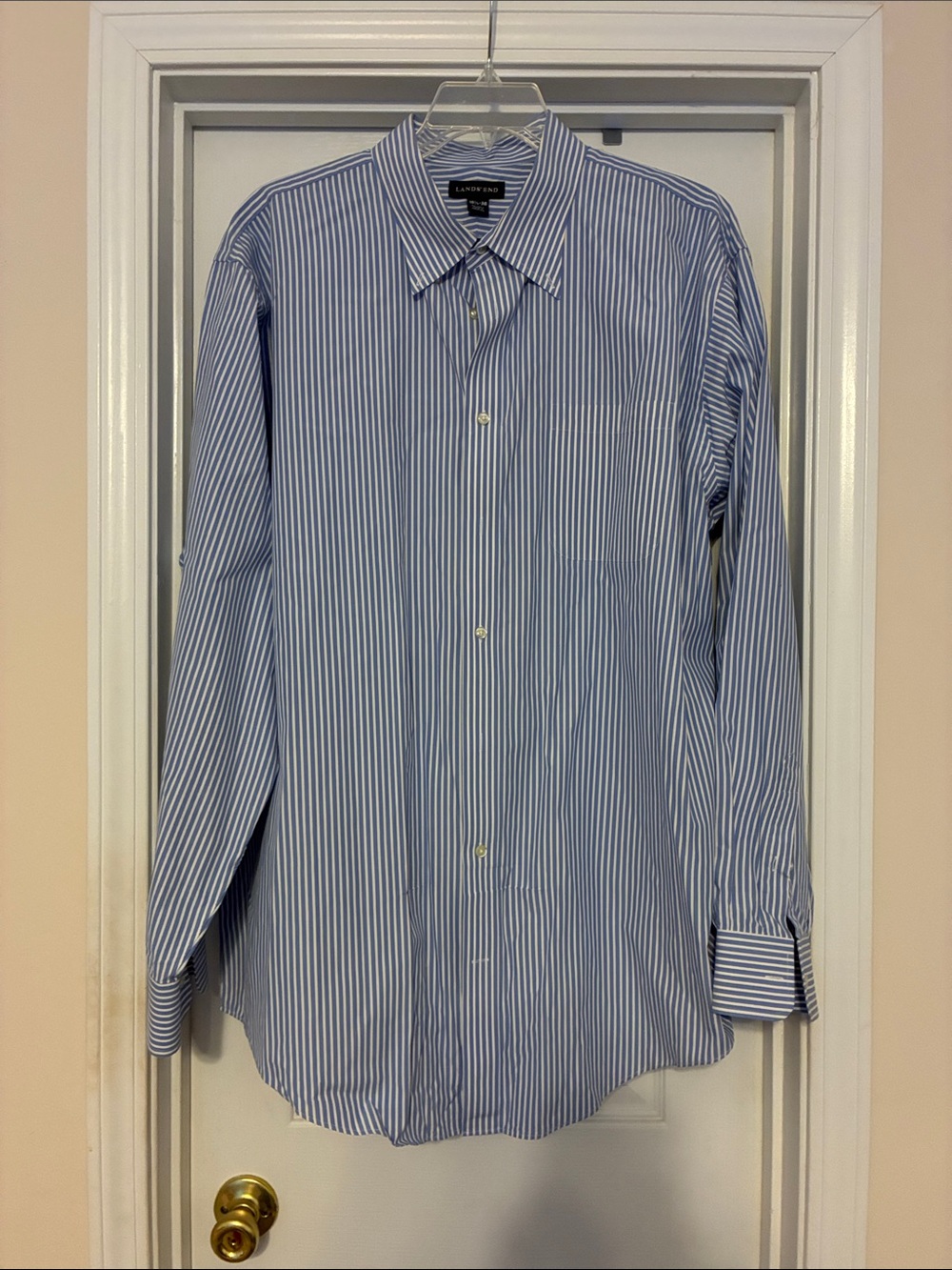 Men’s 18.5 - 38 neck Lands' End Blue and White Vertical Stripe Dress Shirt